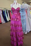 Straps Fuchsia Appliques A-line Ruffle Long Prom HZ0307