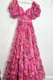 Short Pufff Sleeves Floral Ruffle A-line Prom HZ0307