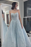 Spaghetti Straps Light Blue Sequin A-line Formal HZ0307