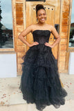 Strapless Black Tulle Tiered Ruffle HZ0307