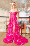 Off the Shoulder Fuchsia Tulle Sequin Prom HZ0307