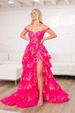 Off the Shoulder Fuchsia Tulle Sequin Prom HZ0307