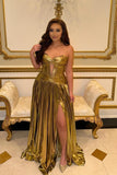 Sweetheart Metallic Yellow Pleated Long Formal HZ0307