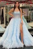 Light Blue Beaded Tulle Prom Dresses With Side HZ0307