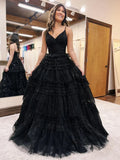 Discount Spaghetti Straps Tulle Preppy Prom Dress, Black Prom Dress HZ0307