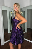 A-Line Spaghetti Straps Purple Sequined Homecoming Dresses, HZ0307