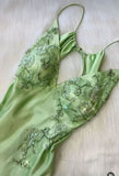 Apple Green Mermaid Long Prom Dresses Appliques Satin Evening HZ0307