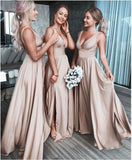Unique Champagne Satin V Neck Long Prom Dress, Party HZ0307
