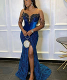 Black Girls Applique Beaded Prom Dress Mermaid Velvet Dresses With Side HZ0307