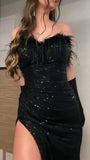 Black Sequin Feather Sweetheart Prom Dress With Split, HZ0307