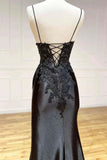 Black Spaghetti Straps Lace Applique Prom Dress With High HZ0307