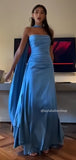 Blue Strapless Pleated Sheath Prom Dresses Satin Full Length Party HZ0307