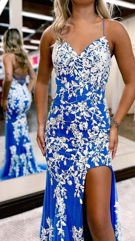 Blue Appliques Mermaid Prom Dresses Split Tulle Evening Graduation HZ0307