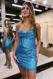 Blue Sequined Homecoming Dresses Spaghetti Straps Mini Party Gown, HZ0307