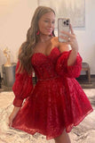 Bubble Sleeves Lace Beaded Homecoming Dresses Sweetheart A-Line Graduation Dresses, HZ0307