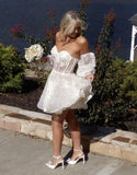Bubble Sleeves Lace Beaded Homecoming Dresses Sweetheart A-Line Graduation Dresses, HZ0307