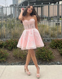 Bubble Sleeves Lace Beaded Homecoming Dresses Sweetheart A-Line Graduation Dresses, HZ0307