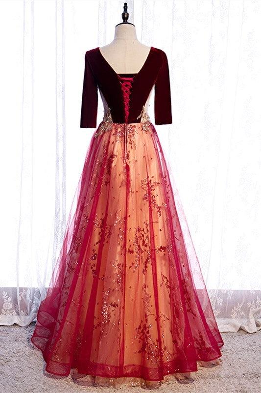 Burgundy A-line Gold Beaded Long Evening HZ0307