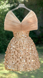 Champagne Off The Shoulder Sequin Tight Homecoming Dresses, HZ0307
