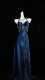 Charming Blue Halter Pleated Senior Prom Dresses Beaded Evening Formal HZ0307