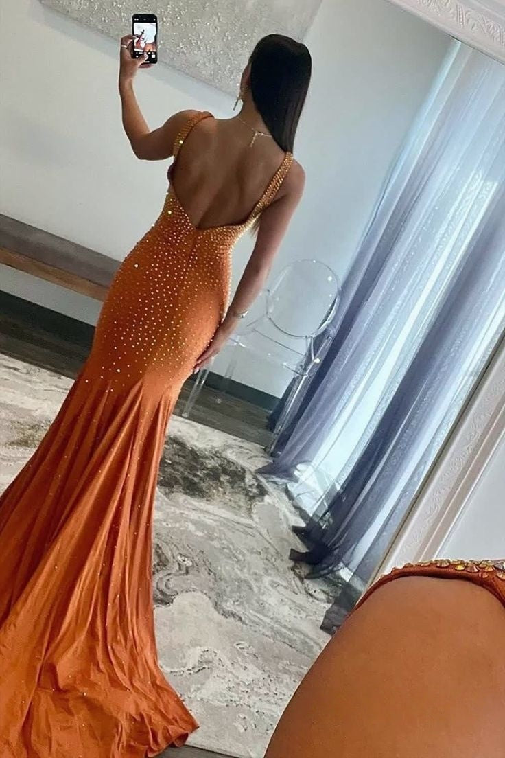 Charming V-Neck Mermaid Prom Dresses Pearl Beaded Evening Party HZ0307