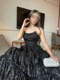 Cheap Prom Dresses Ruffle Sequin Tulle A-line Party Dress Strapless Formal HZ0307