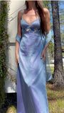 Chic Sheath Blue Lilac Long Prom Dresses Floral Evening Party HZ0307