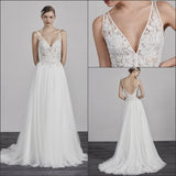 Classic Lace V Back Wedding Dresses White A-Line Bridal HZ0307