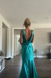 Classy A line V Neckline Blue Satin Sleeveless Long Prom Dresses HZ0307