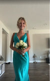 Classy A line V Neckline Blue Satin Sleeveless Long Prom Dresses HZ0307