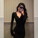 Classy Mermaid V Neckline Long Sleeves Black Prom Dresses Birthday Outfits , HZ0307
