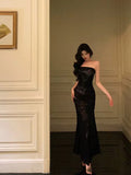 Classy Sheath Strapless Black Floral Prom Dresses Birthday Outfits Evening Gown , HZ0307