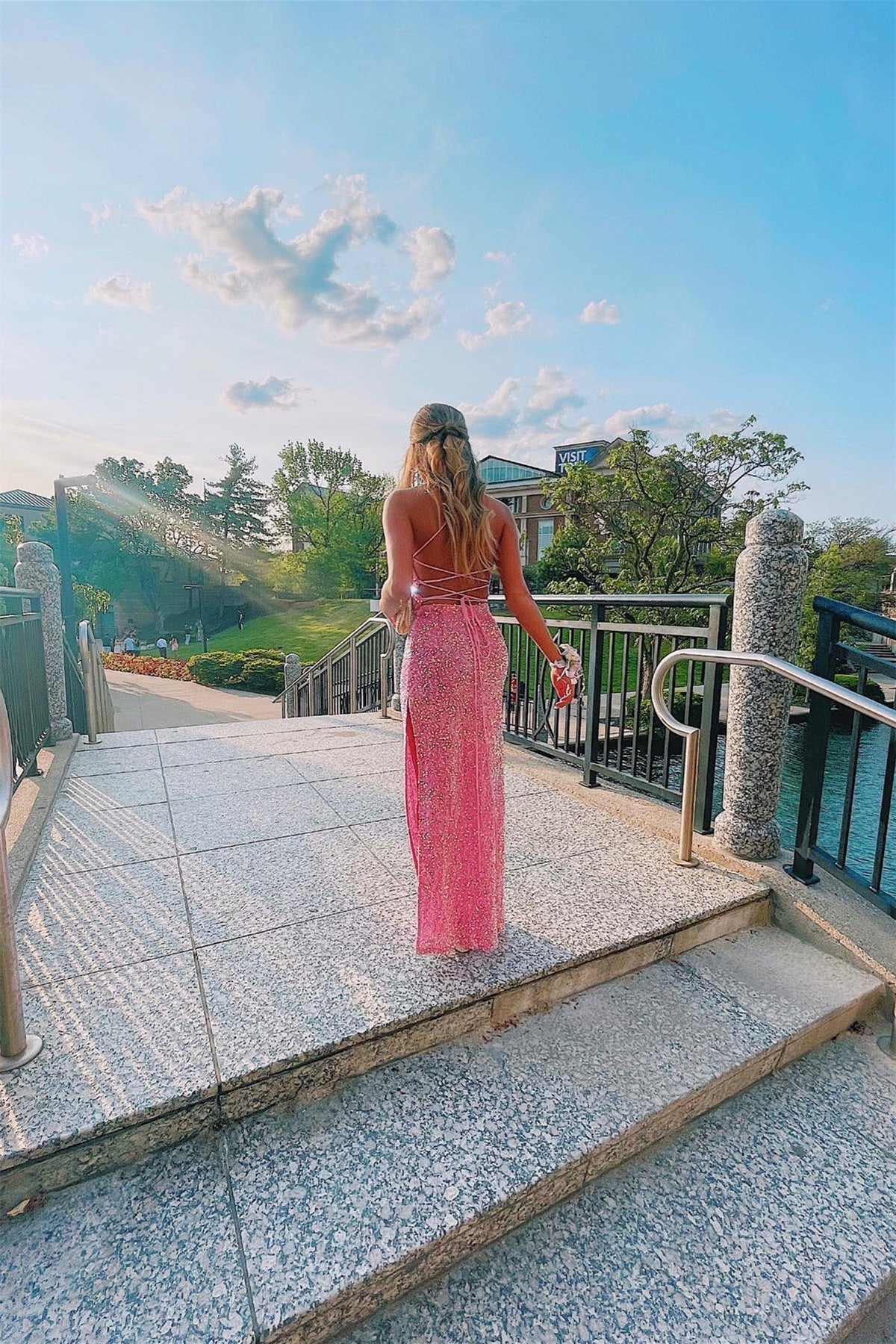 Cowl Neck Pink Sequin Mermaid Long Formal Dress with HZ0307