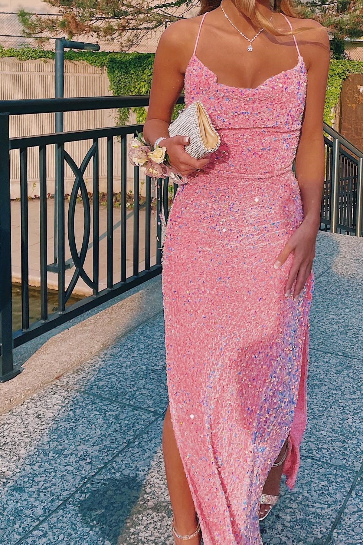 Cowl Neck Pink Sequin Mermaid Long Formal Dress with HZ0307