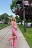 Cowl Neck Pink Sequin Mermaid Long Formal Dress with HZ0307
