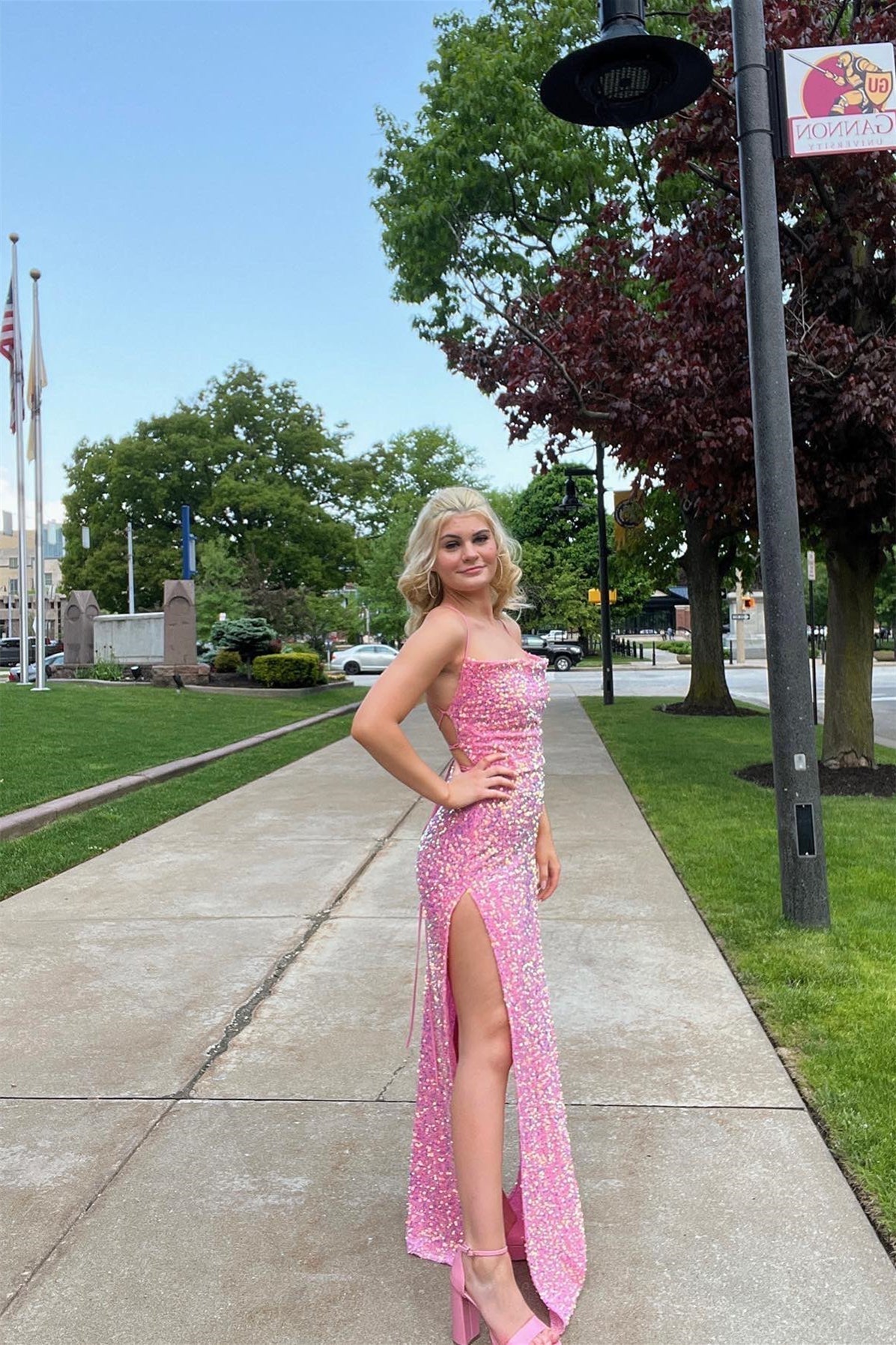 Cowl Neck Pink Sequin Mermaid Long Formal Dress with HZ0307