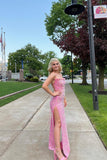 Cowl Neck Pink Sequin Mermaid Long Formal Dress with HZ0307
