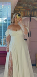 Custom Made Ivory Wedding Dresses Chiffon Lace Slit Bridal Dress Off Shoulder Plus Size Wedding HZ0307