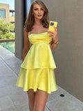 Custom Made Yellow Satin A-Line Homecoming Dress Short School Dance Dress, HZ0307