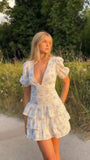 Cute Little Flowers Mini Homecoming Dress, Girls V-Neck Ruffle Party Dress, HZ0307