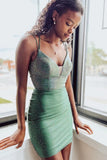 Cute Mint Green Beaded Homecoming Dress Cross Back Mini Party Gown, HZ0307