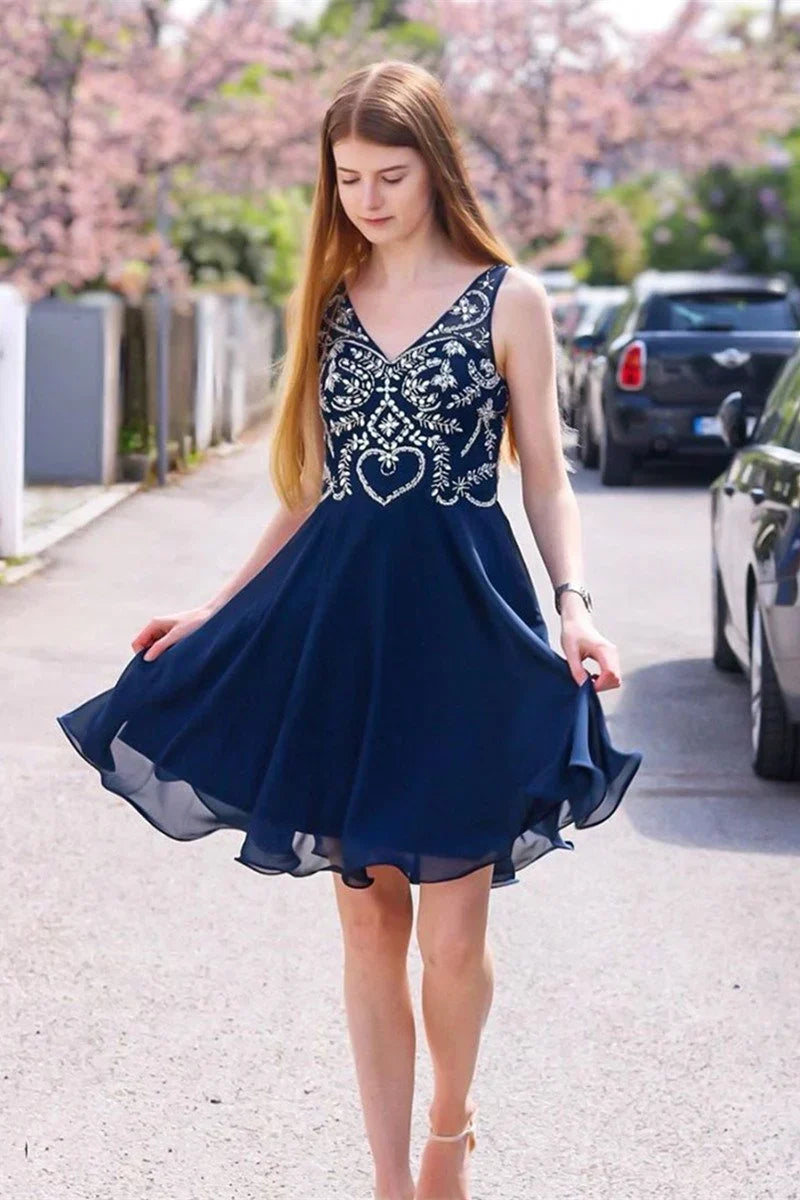 LTP1404,Navy Blue Chiffon Beaded A-Line Homecoming Dresses Short Prom HZ0307