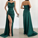 Dark Green Bodycon Pleated Long Prom Dresses With Sexy High HZ0307