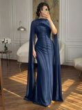 Dark Navy Asymmetric Pleated Sleeveless Prom Dress With HZ0307