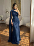 Dark Navy Asymmetric Pleated Sleeveless Prom Dress With HZ0307