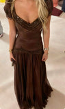 Elegant Brown Mermaid Chiffon Prom Dresses Beaded Evening Party HZ0307