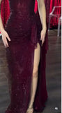 Elegant Burgundy Sheath Long Prom Dresses Glitter Tulle Off-shoulder Evening Dresses with HZ0307