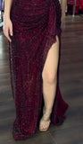 Elegant Burgundy Sheath Long Prom Dresses Glitter Tulle Off-shoulder Evening Dresses with HZ0307