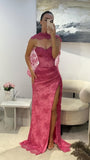Pink Lace Mermaid Prom Dress with Slit - V-Neck Evening Party HZ0307