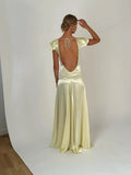 Elegant Satin V Neck Ruffles Short Sleeves Prom Dress with HZ0307